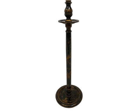 Early 20th century chinoiserie lacquered standard lamp, decorated with gilt figures in boats and buildings on a black backgro
