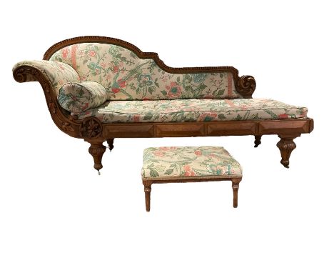 19th century oak chaise longue, shaped back with egg and dart carved edge with acanthus leaf scrolled roundel, scrolled back 