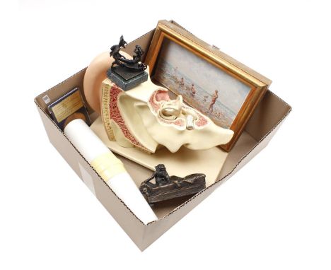 Box of various items including porcelain 2-light wall lamp with opaline glass shades, design Sigvard Bernadotte, model 6060, 