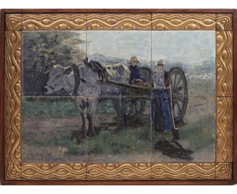 RAM Arnhem polychrome tile tableau of 6 tiles with earthenware decorated gold-colored border depicting a man and woman with o