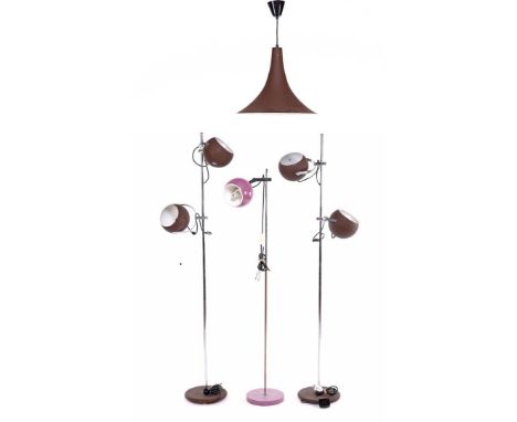 2 chromed and brown metal 2-light floor lamps, Herda design and 1 marked on the inside of the hood, Netherlands ca. 1970, 163