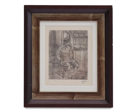 Jan Toorop (1858-1928)Interior with seated man on table, lithograph dated 1896, 110/250, 20x15.5 cm, external dimensions are 