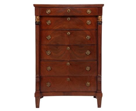 Mahogany veneer on oak 6-drawer Empire style chiffonier with caryatids, Holland ca. 1830, 152 cm high, 101 cm wide, 49 cm dee