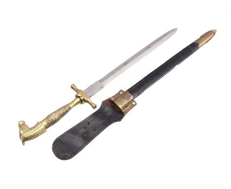 Iron dagger with brass handle with horse head, 41.5 cm long, in leather sheath with brass decoration, 45 cm long