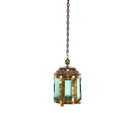 Round copper pendant lamp for candle, with green glass panes, 45 cm high, 25 cm diameter, with 110 cm chain