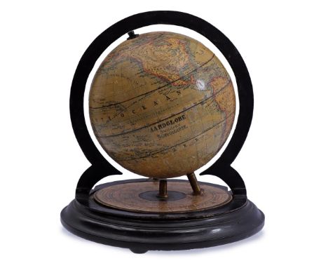 Astronomical Swildens' school globe with brass meridian and standing on blackened walnut base, Netherlands ca. 1890, 23 cm hi