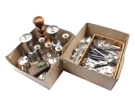 Box with various cutlery including Fiskars and Geroen box with plate, pewter candlesticks, wooden candlestick, jugs, etc.