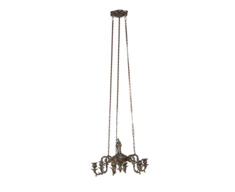Bronze-colored metal ornate 6-light candle chandelier with woman on top, 116 cm high, 44 cm diameter