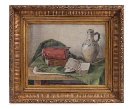 Unclearly signed, still life of a table with green cloth with pipe, Cologne pot and books, canvas 41x51 cm