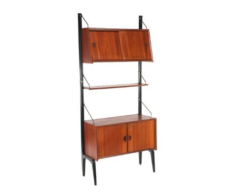 Louis van Teeffelen (1921-1972)Modular teak veneer wall system with module containing 2 sliding doors, bevelled shelf and 2-d