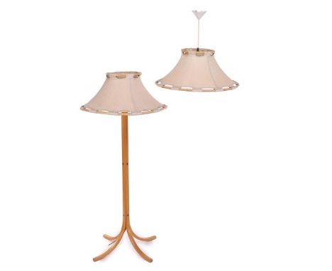 Anna Ehrner (1948-)Curved beech floor lamp with upholstered rattan shade, and identical hanging lamp, design Anna Ehrner, man