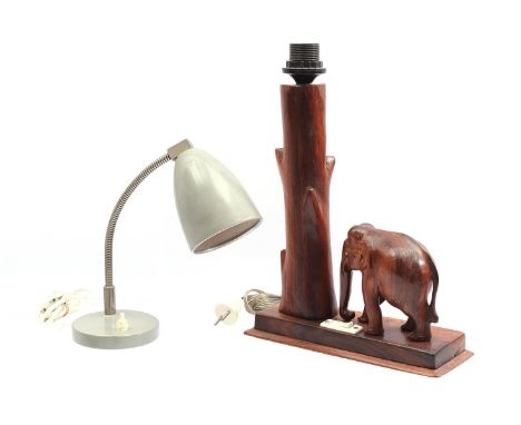 Rosewood table lamp with elephant on base, 39 cm high, and adjustable aluminum and metal desk lamp with gray shade and base, 
