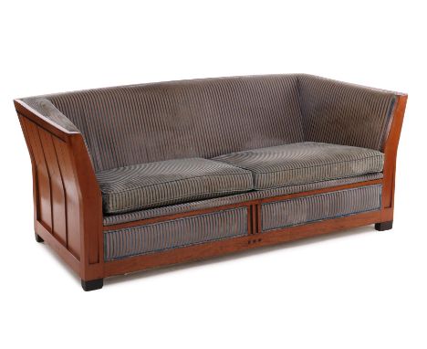 Bubinga wooden 2.5-seater sofa in Art Deco style with striped upholstered upholstery, blackened and oak accents, design Frits