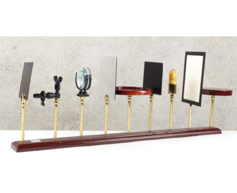 Accessories of optical bench i.a.: Achromatic lenses, filament gas burner, photometry screen and diaphragms, 57 cm wide