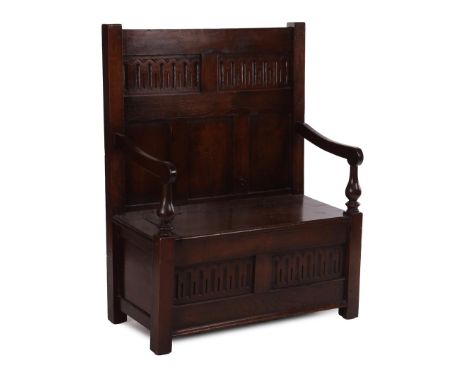 Antique style hall bench with flap and carved decoration in the back and front, backrest is 117 cm high, 92 cm wide, 47 cm de