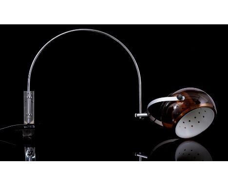 Chrome-plated metal adjustable wall lamp with smoke brown plastic shade with white aluminum perforated interior, manufactured