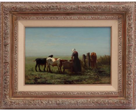 Johannes Hubertus Leonardus de Haas (1832-1908)Landscape with farmer with calves at feeding trough by water, panel 25.5x37 cm