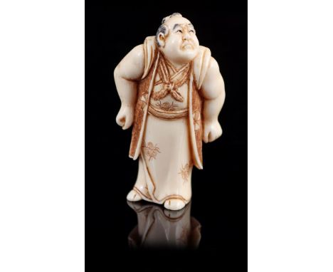 Ivory netsuke of man with clenched fists, signed, with EU certificate 24NL331119/20, Japan Meiji period ca. 1900, 50x29x17 mm
