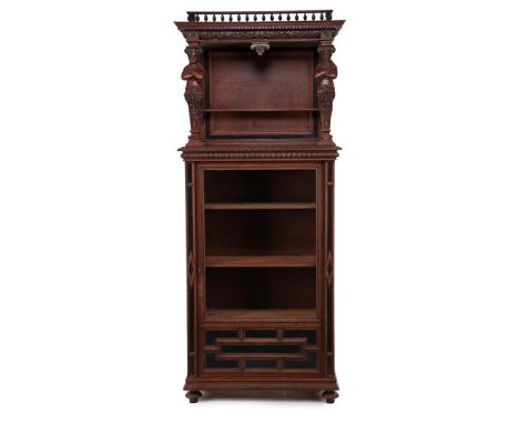 Oak-painted Mechelen 1-door display cabinet with glazed door and upstand supported by 2 statues, blackened accents in front, 