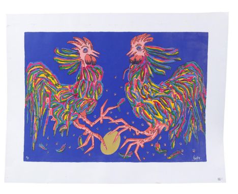 Ad van Hassel (1953-)2 roosters, color lithograph dated 1992, 10/75, 50x70 cm, not framed. (is in the drawing drawer cabinet 