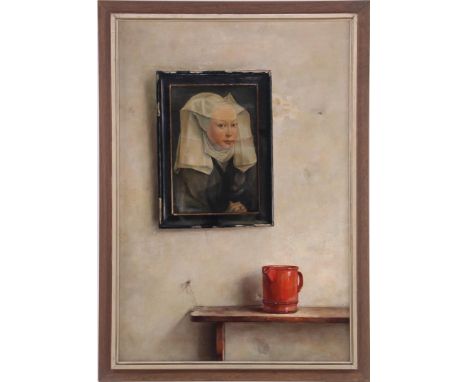 René Mikovic (1954-1996)Trompe-l'oeil of a painting with a portrait of a young lady after Rogier van der Weyden, ca. 1440, ha