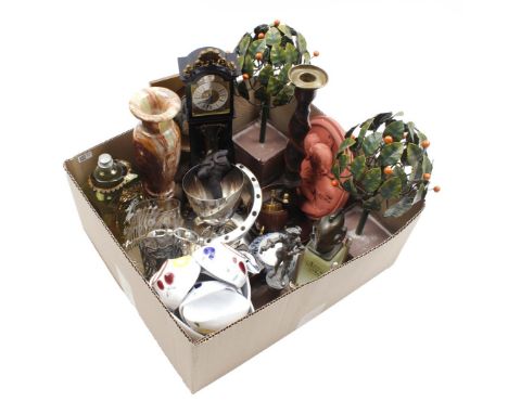 Box of various items including Danish metal candlestick, silver plated, candlesticks and porcelain