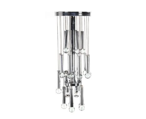 Chromed aluminum 8-light pendant lamp with glass balls, possibly designed by Gaetano Sciolari, ca. 1975, 71 cm high
