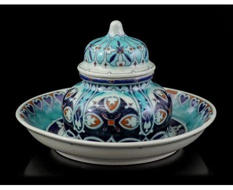 Rozenburg The Hague earthenware inkwell with polychrome decoration, early 20th century, 12.5 cm high, 20 cm diameter (inner p