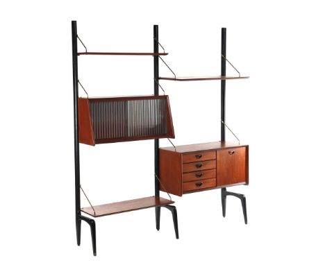 Louis van Teeffelen (1921-1972)Modular teak veneer wall system with module containing 2 ribbed glass sliding doors, 3 bevelle