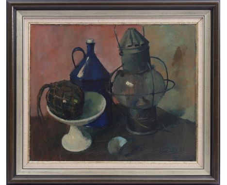 Signed Kurpershoek, still life with lantern, kerosene can and bowl, canvas 50x60 cm (craquelé)