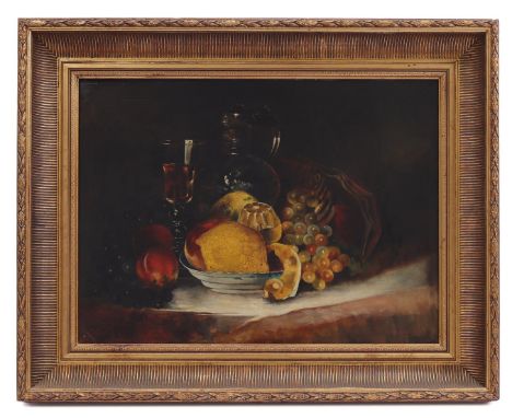 Sara Frederika Hendriks (1846-1925)Still life with fruit on a bowl, glass and pitcher, canvas 45x60 cm, in gold-colored richl