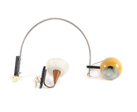 Metal with copper and teak 1-light pendant lamp with glass shade, 1960s, 27 cm high and arch wall lamp with chrome-plated rod