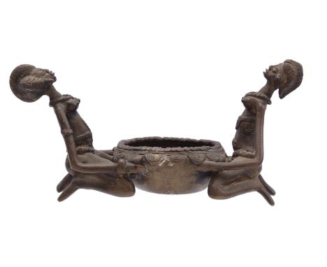 Bronze candlestick with 2 figures, Africa late 20th century, 11.5 cm high, 23 cm wide