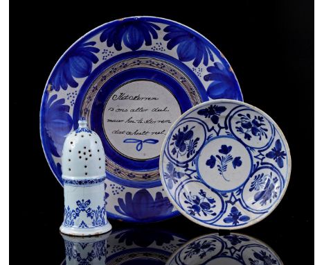 Delftware caster with blue decor, Holland 19th/20th century, 18 cm high (damage), Delftware dish with blue floral decor, Holl