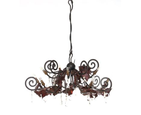 Maroeska Metz (1956-)Iron 10-light pendant lamp with copper decoration, bulbs with bayonet lock and glass icicles, design Mar