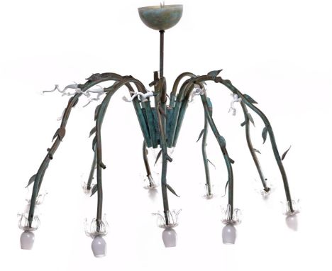 Copper, green patinated 10-arm pendant lamp in the shape of branches with leaves, with flower-shaped glass shades and glass d