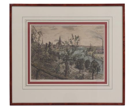 Scherft, Johannes Daniel (1891-1969)View of Arnhem, color etching dated 21-11-1942, 34x46 cm, in frame total 62x71 cm