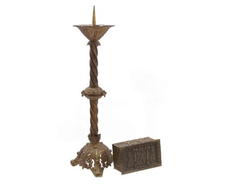 Brass candlestick in Gothic style, 55 cm high and richly decorated brass lidded container with decoration of putti