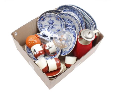 Box of various items including Royal Family, Delft Blue, Droste cups and saucers, etc.