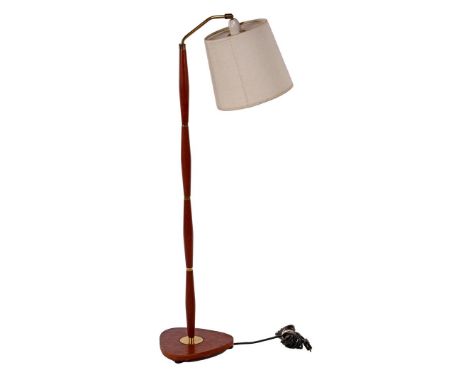 Teak floor lamp with upholstered shade and brass accents, ca. 1960, 109 cm high