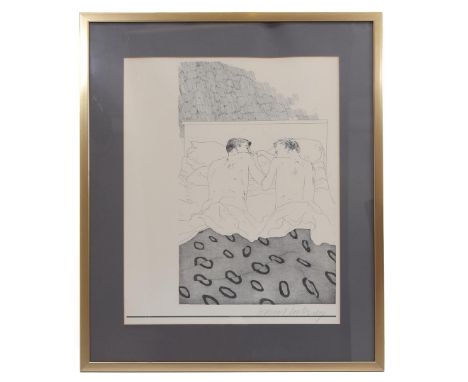 David Hockney (1937-)Two men in bed, lithograph 72x58 cm, in gold-colored frame, total 97.5x82 cm