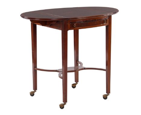 Mahogany veneer mobile gaming table with marquetry shell motif in top, folding leaves on both sides, top with shell motif can