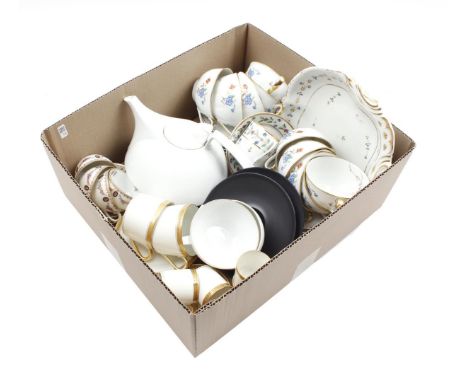 Box with various porcelain including Haviland Limoges France cups and saucers, Dresden cups and saucers, F Legrand &amp; Co F