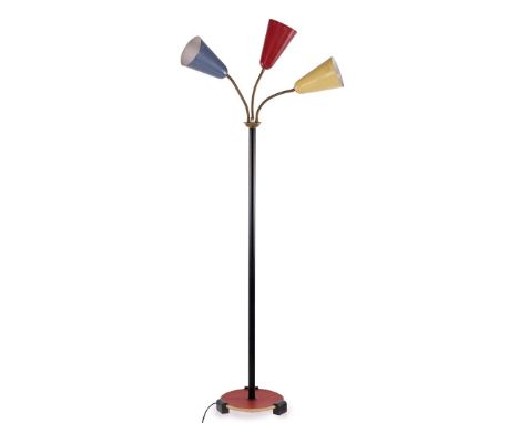 Herman Theodoor Jan Anthoin Busquet (1914-1977)3-light adjustable polychrome metal and wooden floor lamp with perforated alum