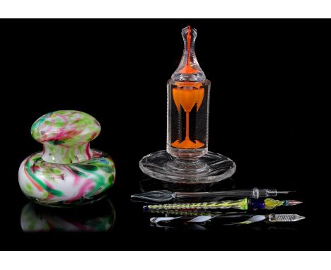 Anonymous, polychrome inkwell, 11 cm high, 12 cm diameter, anonymous, Belgian Val St Lambert crystal cut inkwell with orange 