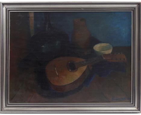Signed Kurpershoek, still life with string instrument, pottery and glass bottle, canvas 60x80 cm