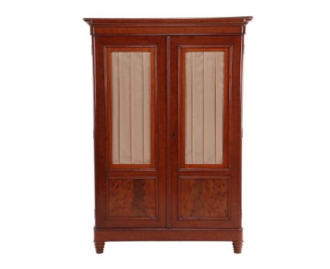 Mahogany veneer on oak 2-door bookcase with curtains for the doors, ca. 1880, 160 cm high, 110 cm wide, 39 cm deep (damage to