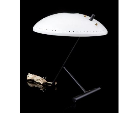 Black and white metal desk lamp with perforated shade and brass accents, in the style of Louis Kalff, mid 20th century, 42 cm