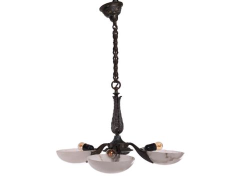 Art Deco pewter 3-light pendant lamp with alabaster bowls, Netherlands ca. 1930, 78 cm high