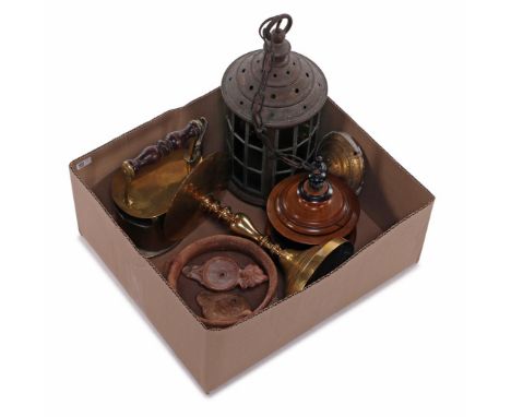 Box of various items including nuts, tobacco jar, copper ship's lamp and 3 earthenware objects including oil lamps